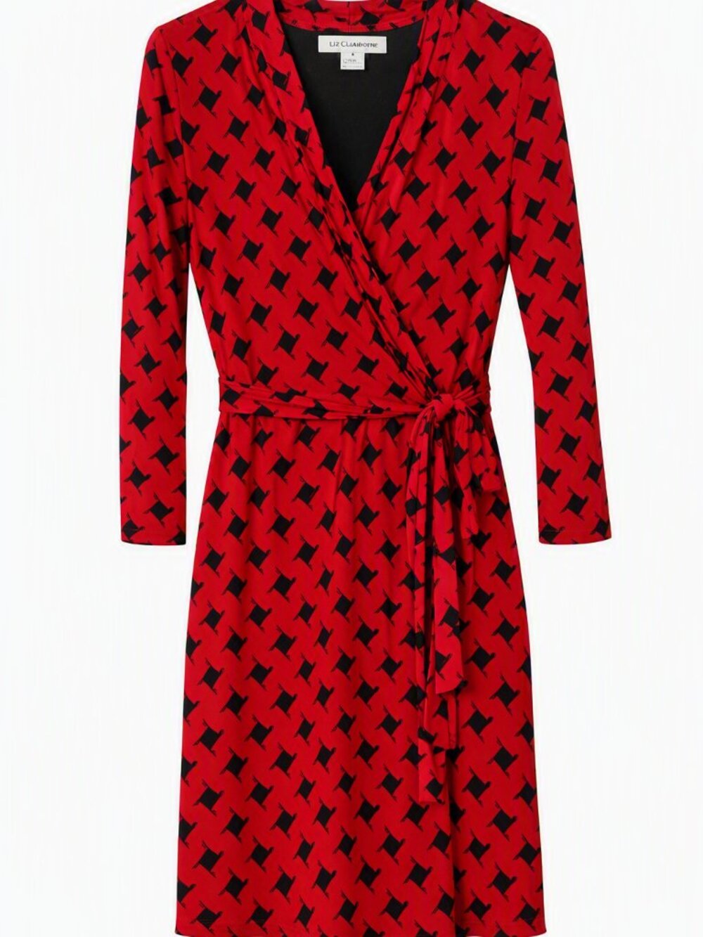 Liz Claiborne Red Long-Sleeve Wrap Dress with Black Print Size Small